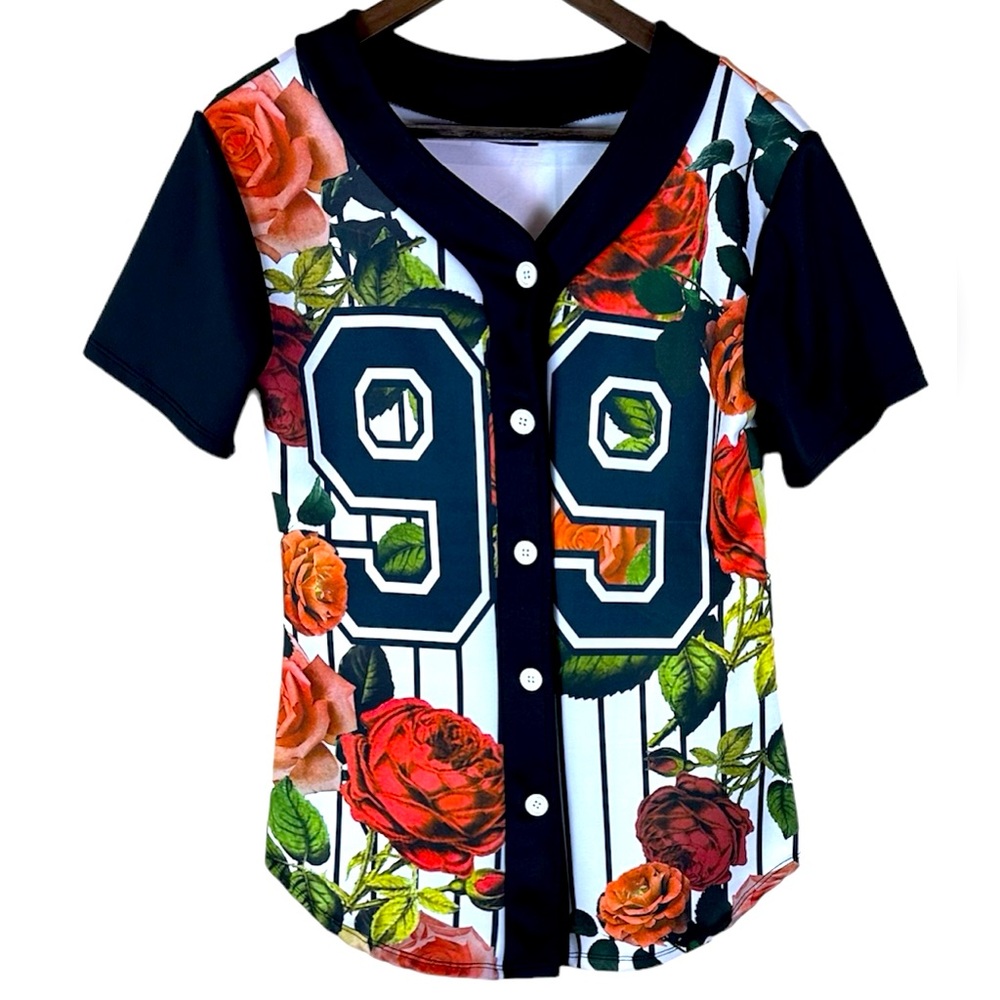 Tammi 99 Button-down short sleeve baseball tee women S